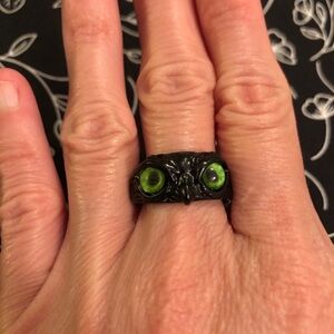 Black Owl Ring with Green Eyes